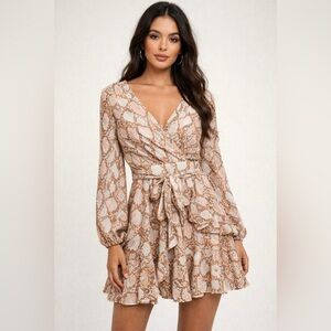 Leith Beige Snake Print Ruffle Hem Faux Wrap Mini Dress. Size-Small Bohochic